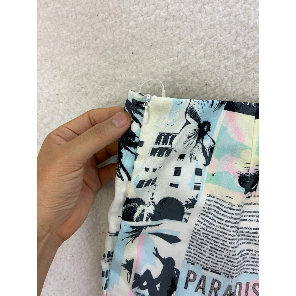 Princess Polly Chino Pants Womens 12 White Newspaper Print Paradise Streetwear